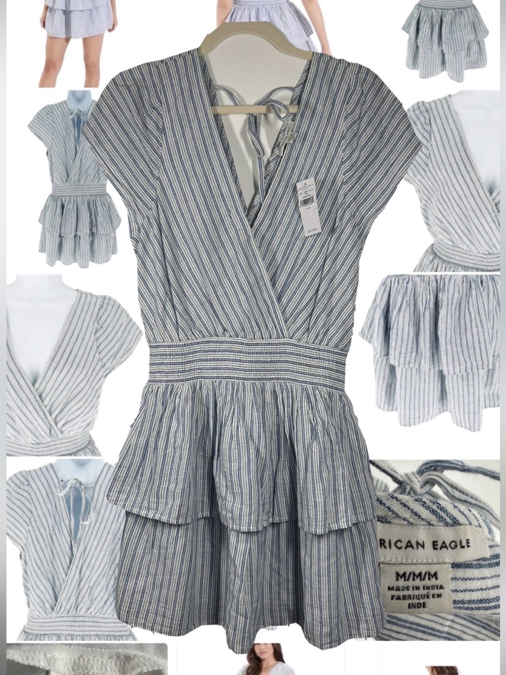 American Eagle Outfitters Blue/White Striped Tiered  Dress cotton/linen Sz M